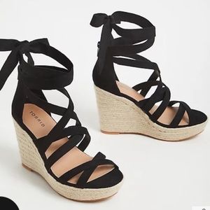 BLACK FAUX SUEDE ANKLE WRAP ESPADRILLE WEDGE (WW)
